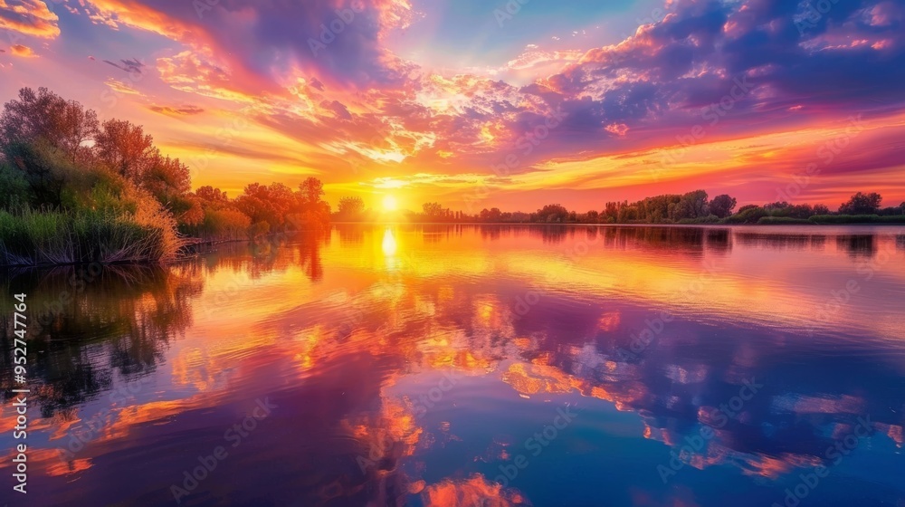 Tranquil river reflecting a vibrant sunset sky Tranquil river reflecting a vibrant sunset sky
