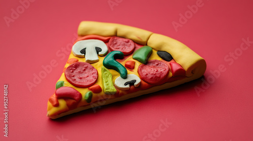 Close-up of a single slice of pizza made of playdough,  on a vibrant red background.
