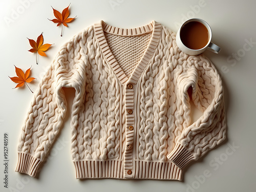 A warm knit sweater, a steaming cup of coffee, and a few scattered leaves. 