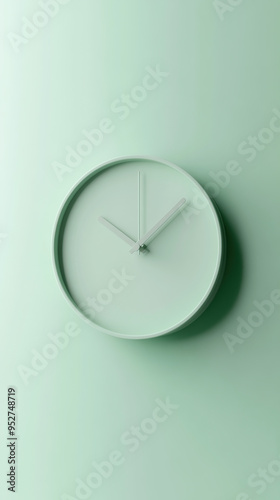 Minimalist white clock with hands pointing at 12 o'clock on a green background.