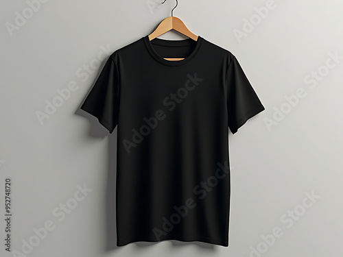 Plain black t-shirt mock up hanging against a wall.