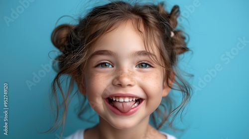 A little girl with blue eyes and freckles smiles broadly with her tongue sticking out.