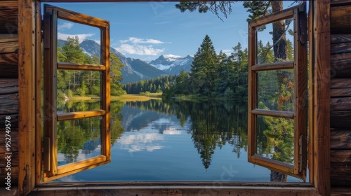 Window framing a tranquil lake with reflections of surrounding pine trees and a distant mountain range