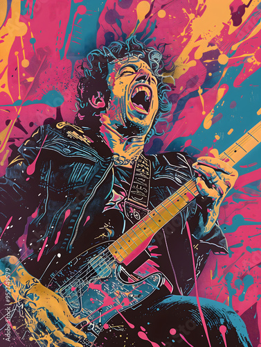 Ilustración de guitarrista de rock con fondo de colores