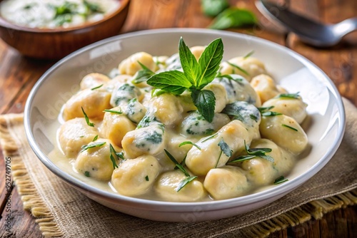 A dish of fluffy gnocchi in a rich gorgonzola sauce photo