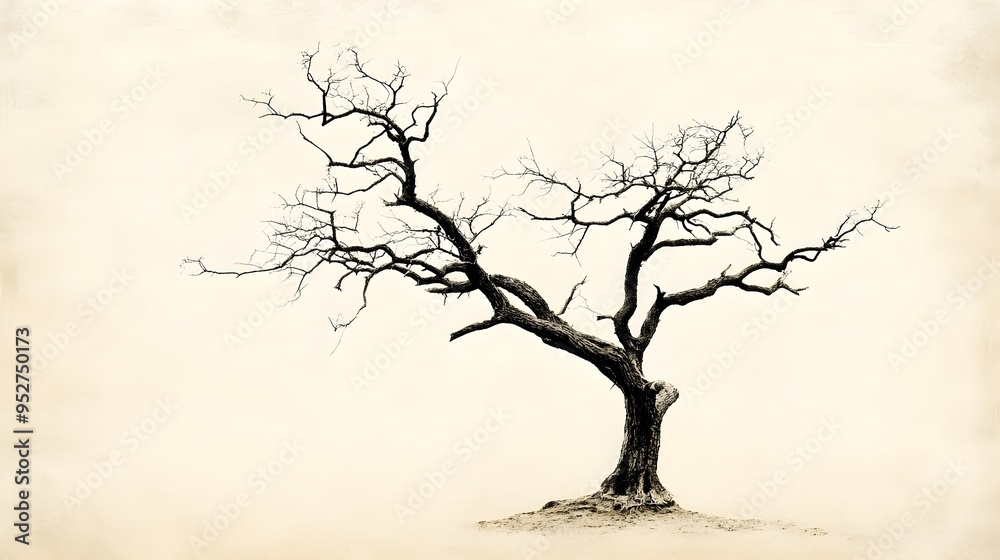 A solitary dry tree stands against a light beige background, showcasing its intricate branches and textures. A solitary dry tree stands against a light beige background, showcasing its intricate branches and textures.