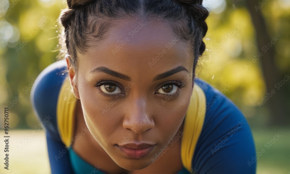 A woman in athletic gear focuses intently on her exercise routine outdoors, surrounded by greenery. The image captures determination and physical strength. A woman in athletic gear focuses intently on her exercise routine outdoors, surrounded by greenery. The image captures determination and physical strength.