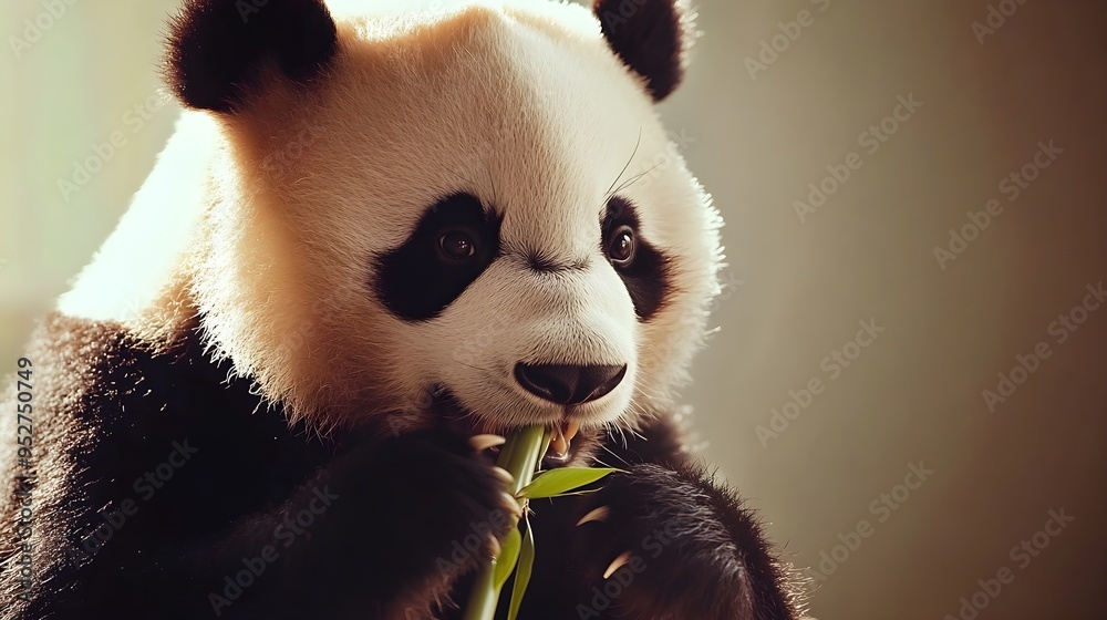 Fototapeta premium A close-up of a panda munching on bamboo, with its fluffy fur and expressive eyes against a light solid color background