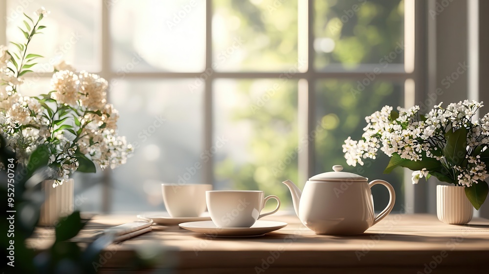 A table set for two with a teapot and cups, surrounded by soft morning light and fresh flowers, photorealistic, hyper-resolution, shared morning serenity A table set for two with a teapot and cups, surrounded by soft morning light and fresh flowers, photorealistic, hyper-resolution, shared morning serenity