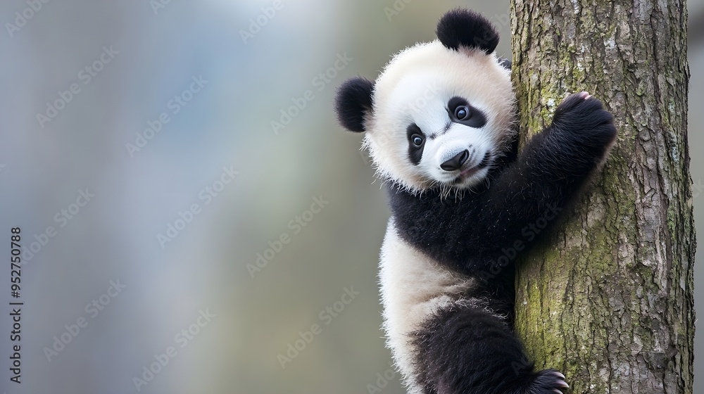 Obraz premium A playful panda cub climbing a tree, showcasing its black and white fur, set against a soft pastel backdrop