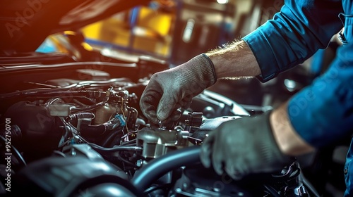 A skilled mechanic working on a high-performance engine in a well-lit garage, surrounded by tools and parts