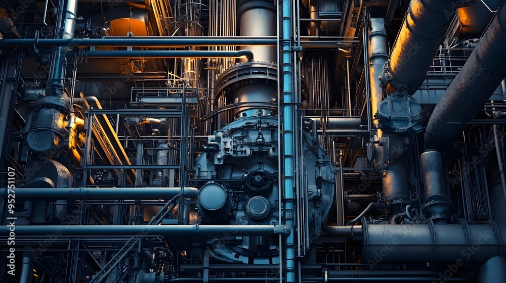 Close-up of intricate machinery and pipes within a petrochemical facility, showcasing details and textures Close-up of intricate machinery and pipes within a petrochemical facility, showcasing details and textures