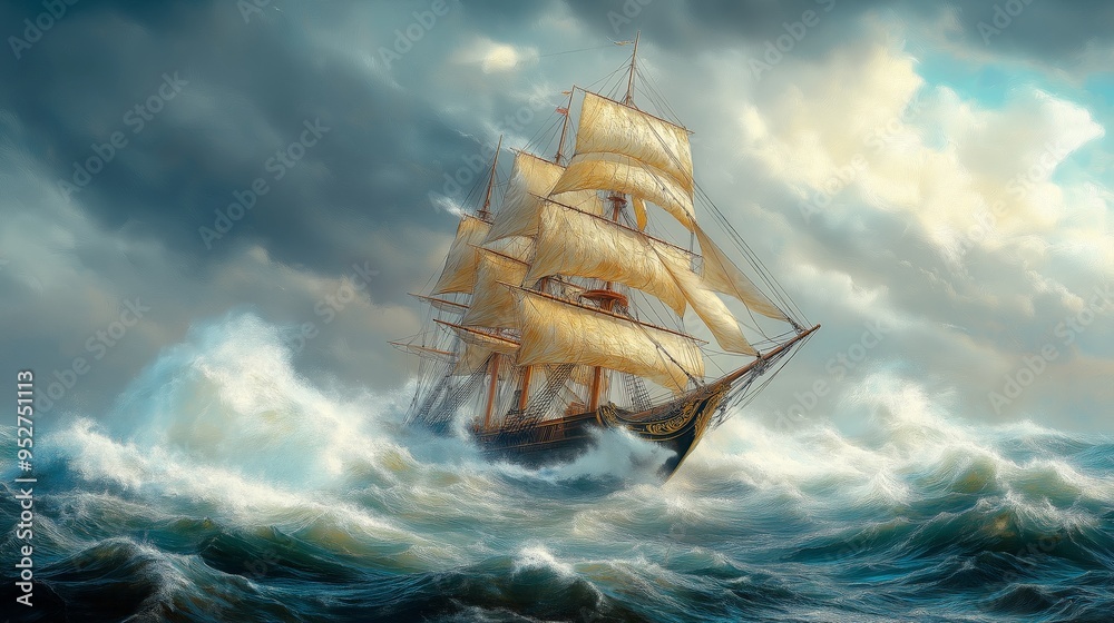 Majestic Tall Ship Sailing Through Rough Seas, Battling Against a ...