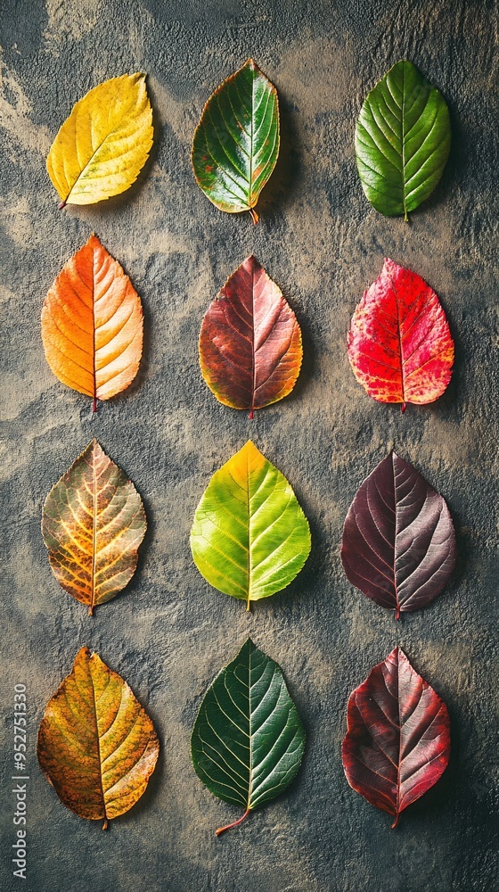 Twelve colorful leaves arranged in a grid pattern on a grey textured surface.