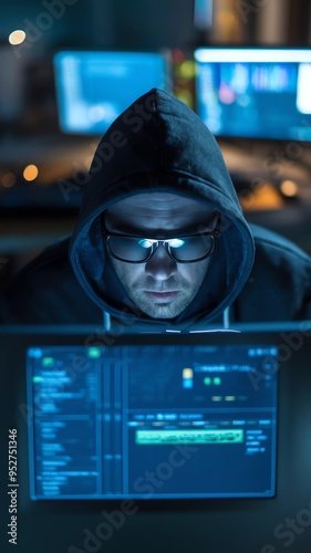 Male hacker in front of PC screen seen from the front in the dark