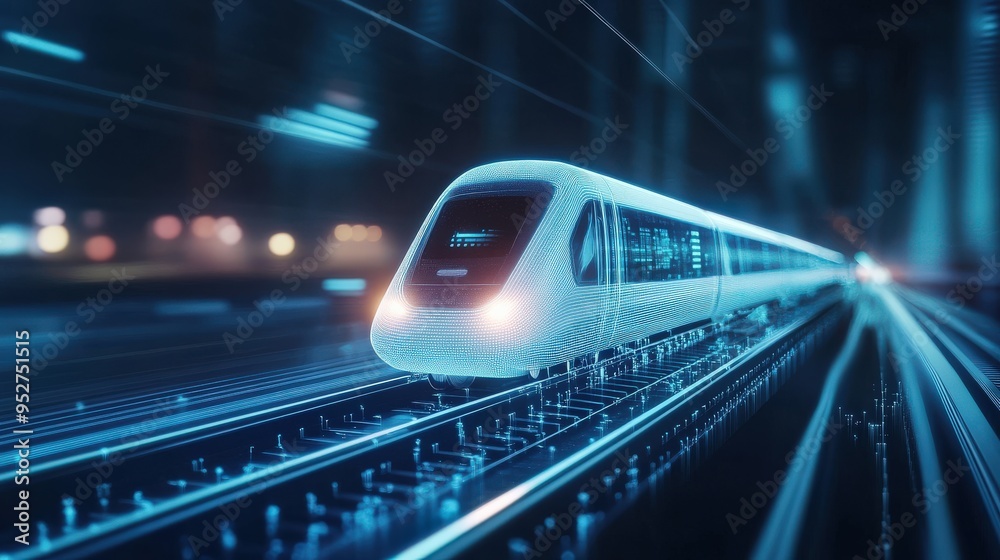 Obraz premium Futuristic train traveling through a high-speed tunnel, showcasing advanced technology and vibrant motion blur.