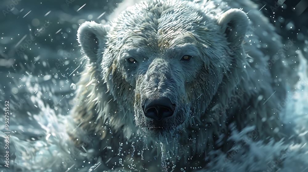 A powerful polar bear emerges from the water, its fur glistening with droplets and its eyes fixed on the viewer. A powerful polar bear emerges from the water, its fur glistening with droplets and its eyes fixed on the viewer.