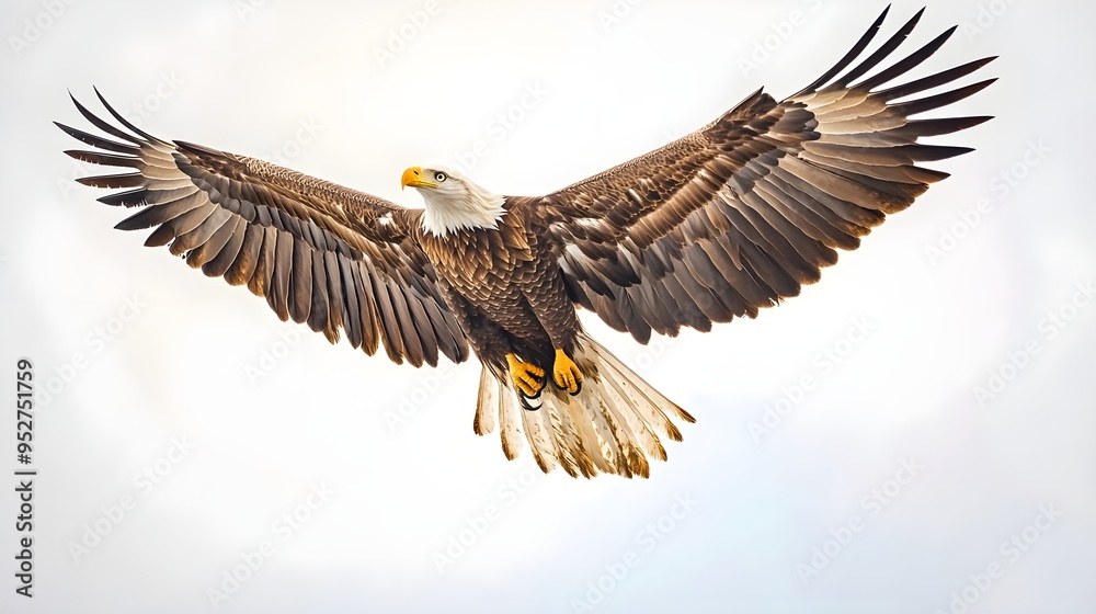 Fototapeta premium Majestic eagle soaring through the sky with wings fully extended against a light solid color background, showcasing its strength and grace