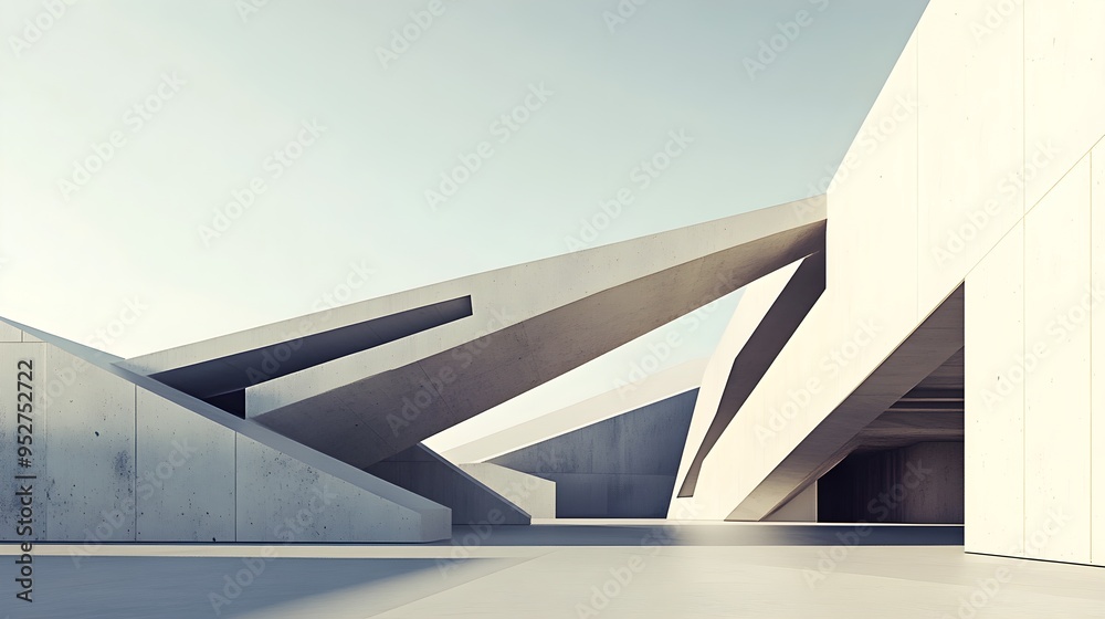 Obraz premium A minimalist architectural design featuring sharp angles and open spaces, set against a pale background
