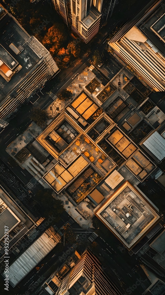 An aerial view of an urban landscape with intricate building patterns, illuminated by natural light, with ample copy space An aerial view of an urban landscape with intricate building patterns, illuminated by natural light, with ample copy space