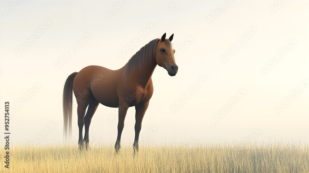A majestic horse standing in a serene meadow with a light solid color background, showcasing its powerful physique and flowing mane A majestic horse standing in a serene meadow with a light solid color background, showcasing its powerful physique and flowing mane