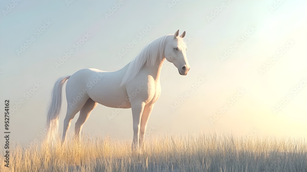 A majestic horse standing in a serene meadow with a light solid color background, showcasing its powerful physique and flowing mane A majestic horse standing in a serene meadow with a light solid color background, showcasing its powerful physique and flowing mane