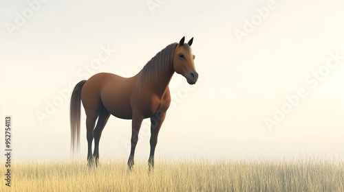 A majestic horse standing in a serene meadow with a light solid color background, showcasing its powerful physique and flowing mane