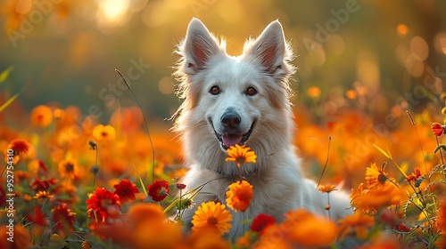 A white German Shepherd dog with a flower in its mouth sits in a field of orange and yellow flowers.