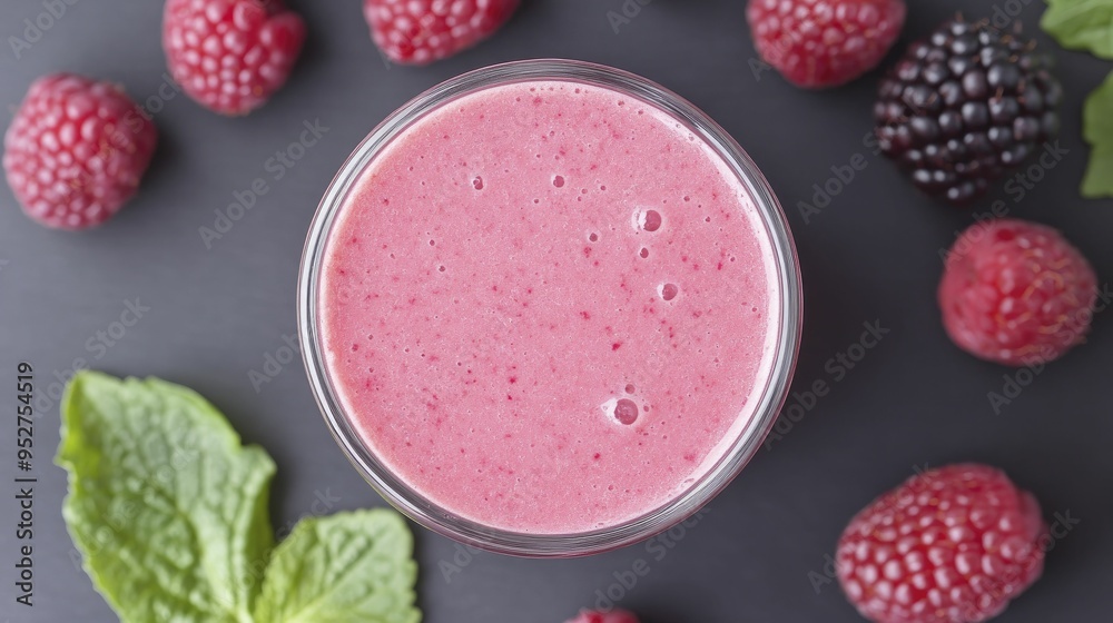 A refreshing detox berry smoothie displayed in a colorful glass, accompanied by an array of fresh berries and leafy greens.