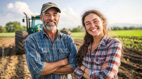 Two farmers standing proudly in a field at sunset, tractor in background