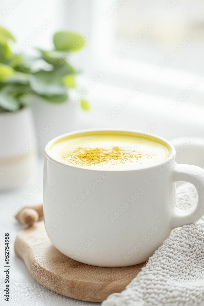Golden Turmeric Milk Drink with Exotic Spices in a Cozy Living Room Setup Golden Turmeric Milk Drink with Exotic Spices in a Cozy Living Room Setup