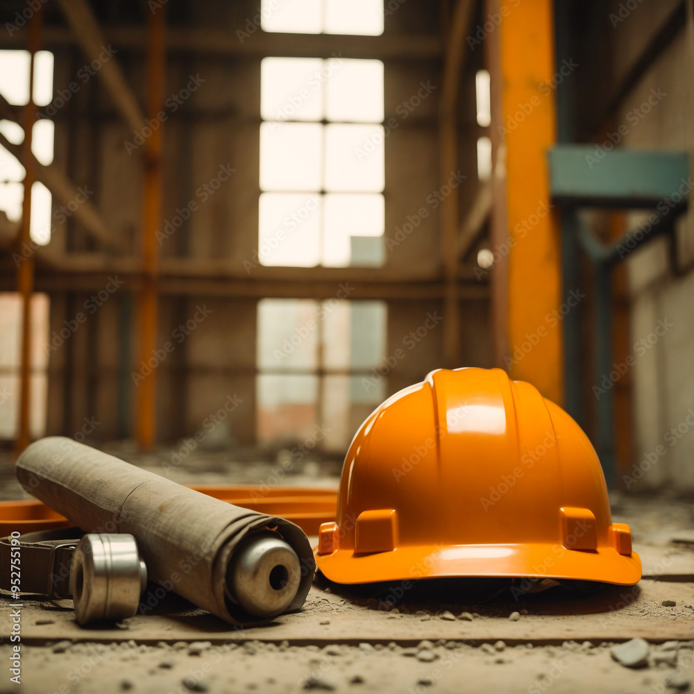 Fototapeta premium Construction Safety Gear on Worksite With Helmet