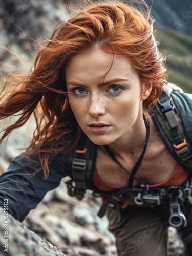 redhead woman climbing the mountain front view
