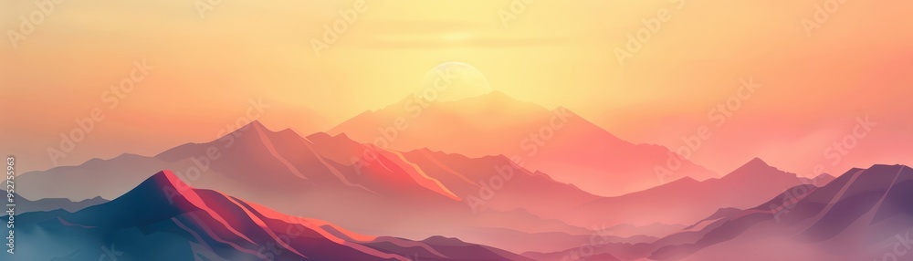 Obraz premium Serene mountain landscape bathed in warm, colorful hues at sunset, showcasing peaks and valleys shrouded in gentle mist.