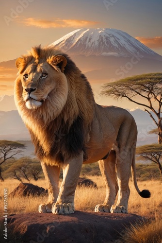 Majestic lion in african savanna with kilimanjaro background