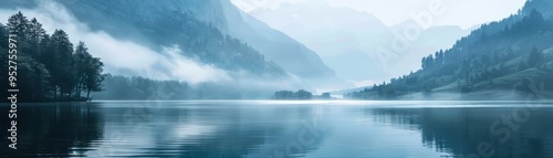 Serene mountain lake with misty air, reflecting hills and forest, creating a calm and peaceful atmosphere in a panoramic view.