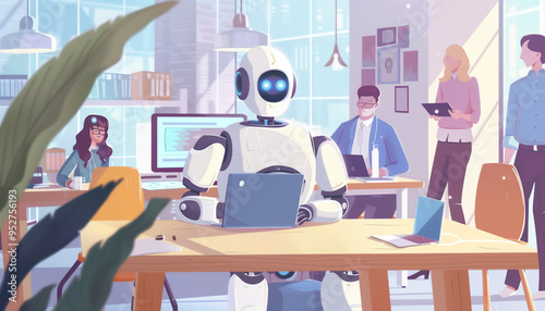 Humanoid robot working on a laptop in a modern office environment, surrounded by professionals, integration of ai and robotics in the workplace