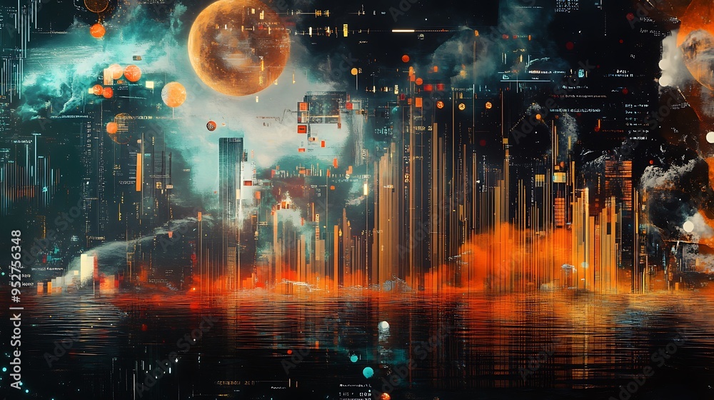 Fototapeta premium Futuristic Cityscape Reflected in Water with a Large Moon in the Sky