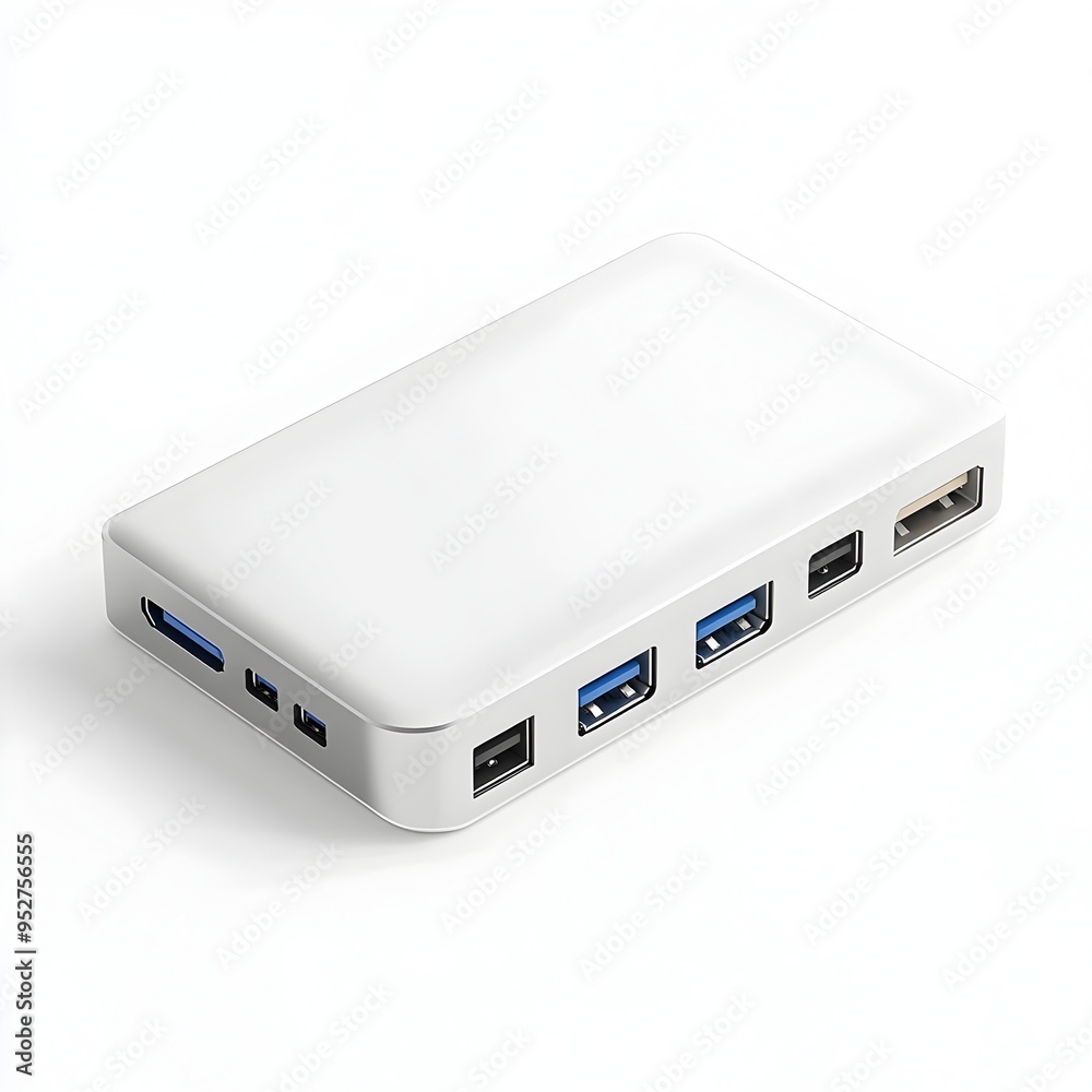 Sleek and Modern USB C Hub Resting on Pristine White Background Sleek and Modern USB C Hub Resting on Pristine White Background