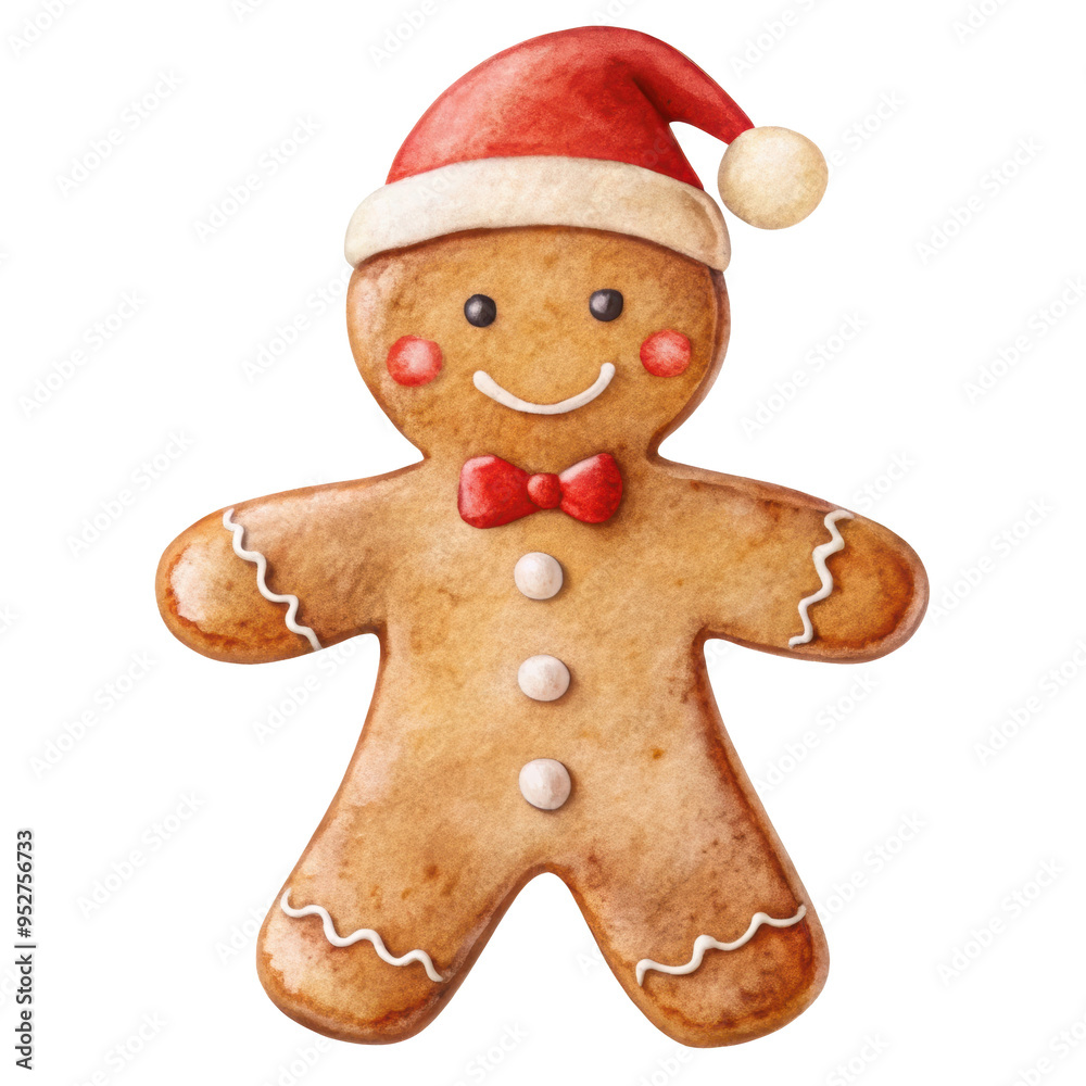 Fototapeta premium Festive watercolor illustration of a gingerbread man wearing a bow tie and Santa hat. The gingerbread man is decorated with icing details. Isolated on transparent background, png.