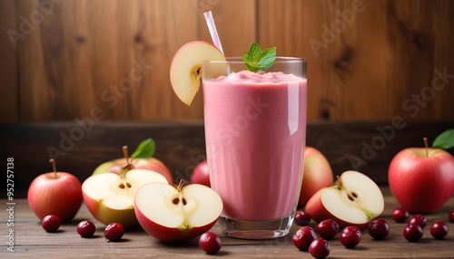 Wallpaper Mural Two glasses of pink apple and cranberry smoothie garnished with mint, surrounded by fresh apples and cranberries on a wooden table.
 Torontodigital.ca