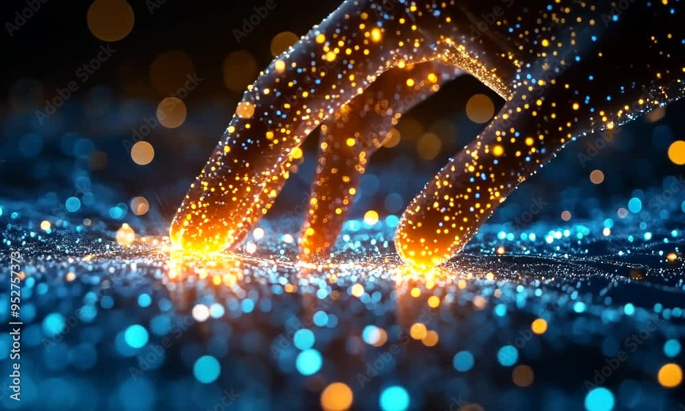 A glowing hand reaching down to touch a surface of sparkling blue and orange lights. A glowing hand reaching down to touch a surface of sparkling blue and orange lights.