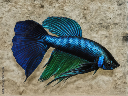 A vibrant blue and green Siamese fighting fish with flowing fins, swimming against a sandy backdrop. photo