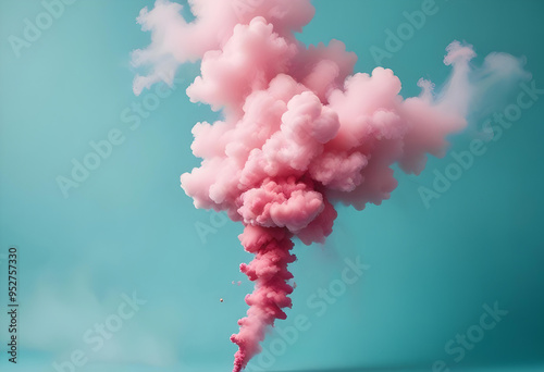 A dense pink smoke cloud billowing dramatically against a contrasting turquoise background, creating a striking abstract visual effect. 