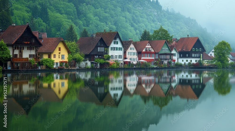 Fototapeta premium Quaint village in Fulda's reflection.