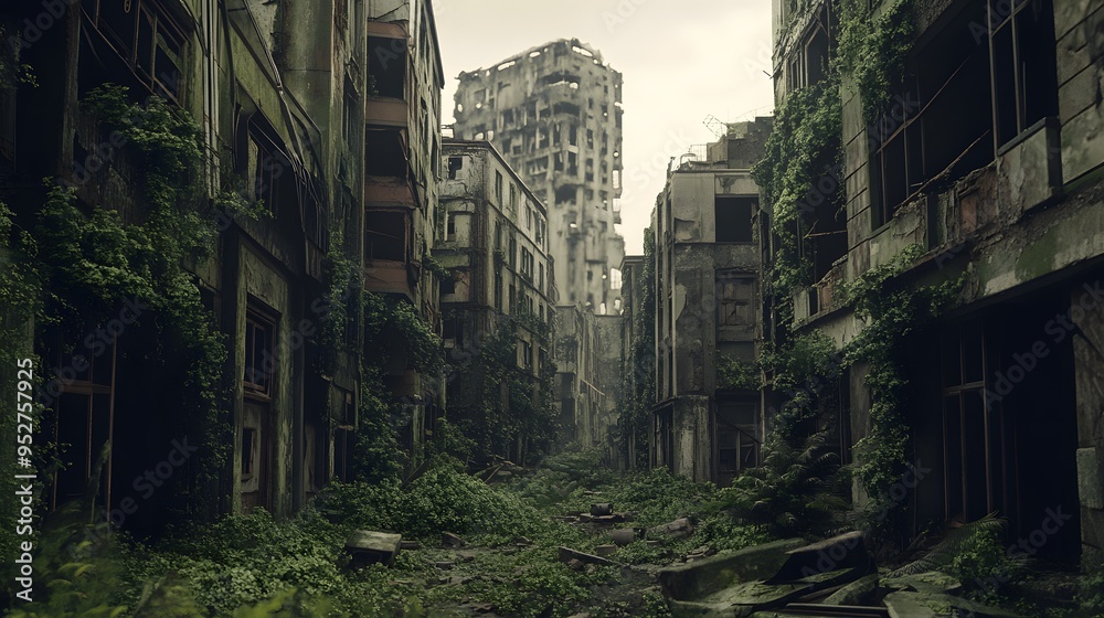 Post-apocalyptic cityscape with vegetation overtaking abandoned buildings Gritty and worn muted desaturated colors heavy textures detailed 3D architecture Post-apocalyptic cityscape with vegetation overtaking abandoned buildings Gritty and worn muted desaturated colors heavy textures detailed 3D architecture