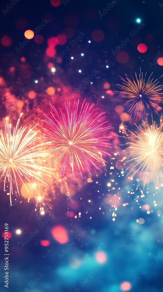Fototapeta premium Night fireworks in vertical bursting sky glowing sparks smoke event during celebration party display show colorful explosions festive atmosphere