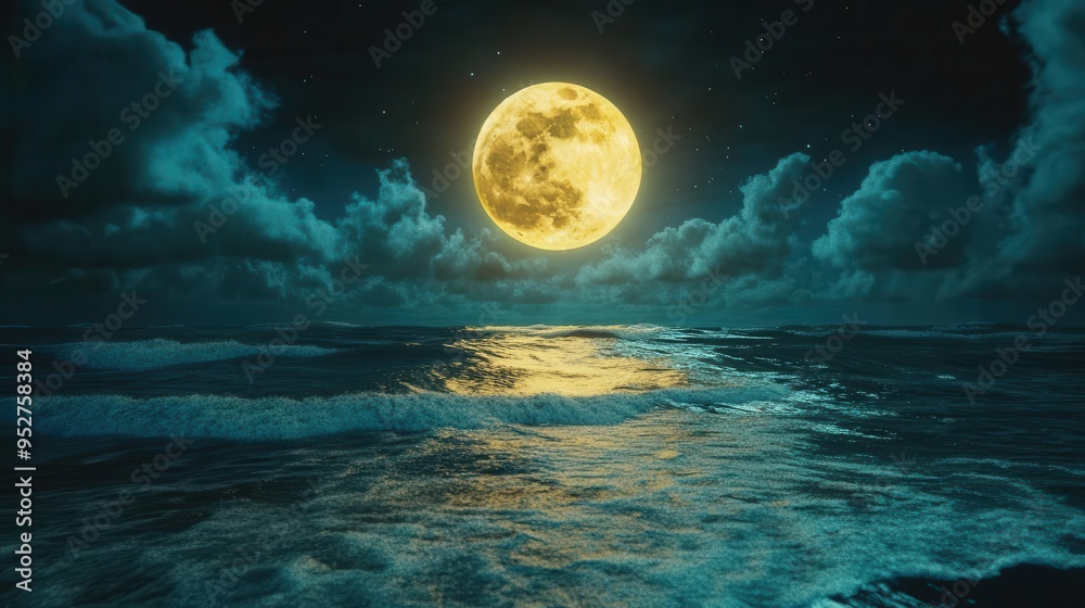 Fototapeta premium Full moon shining over the ocean at night.