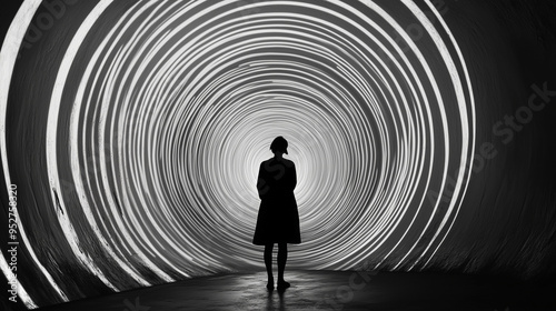 The silhouette of a person stands at the entrance of an endless spiral tunnel, creating a hypnotic and mysterious effect