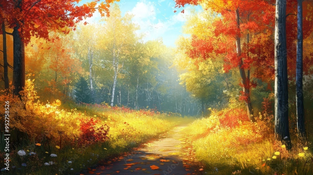 Fototapeta premium Autumn canvas painted in vibrant colors.